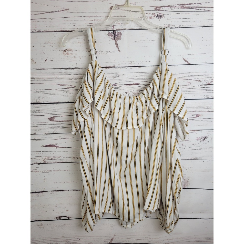 Maurices Cold Shoulder Blouse Boho Ruffle Striped Button Top White Plus Sz 3 - Picture 9 of 11
